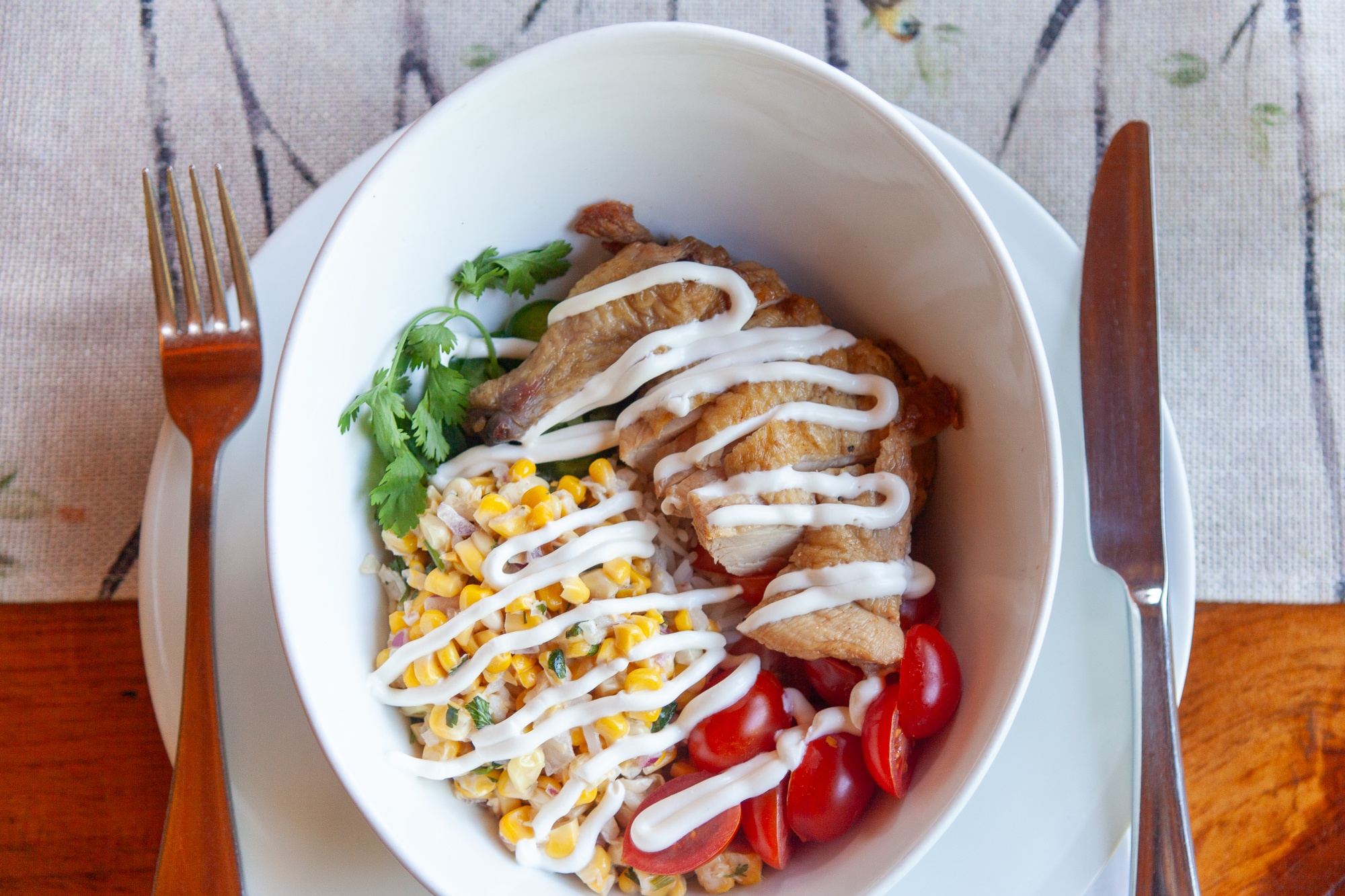 Gourmet chicken bowl with corn and cilantro at Trillium Resort and Spa all-inclusive dining restaurant Muskoka Huntsville Port Sydney