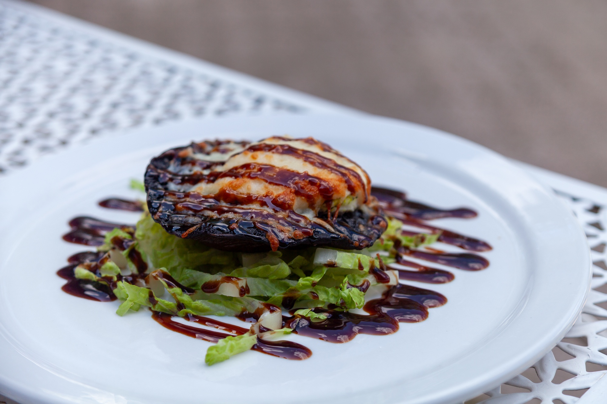 Beautifully plated roasted portobello mushroom entree with balsamic reduction at Trillium Resort and Spa casual fine dining restaurant Muskoka Huntsville