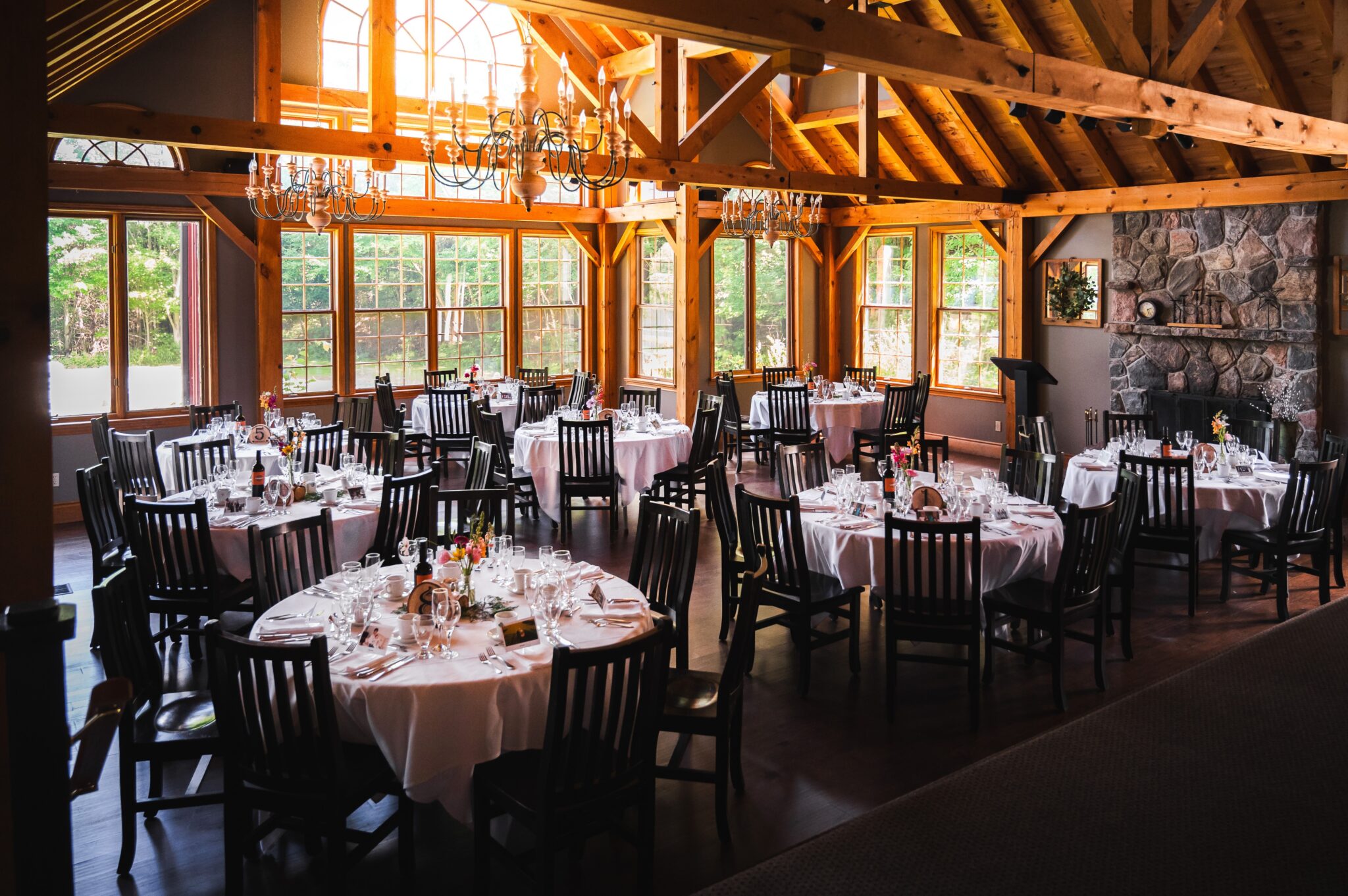 Elegant conference room with soaring post-and-beam architecture and forest views at Trillium Resort and Spa Muskoka Huntsville